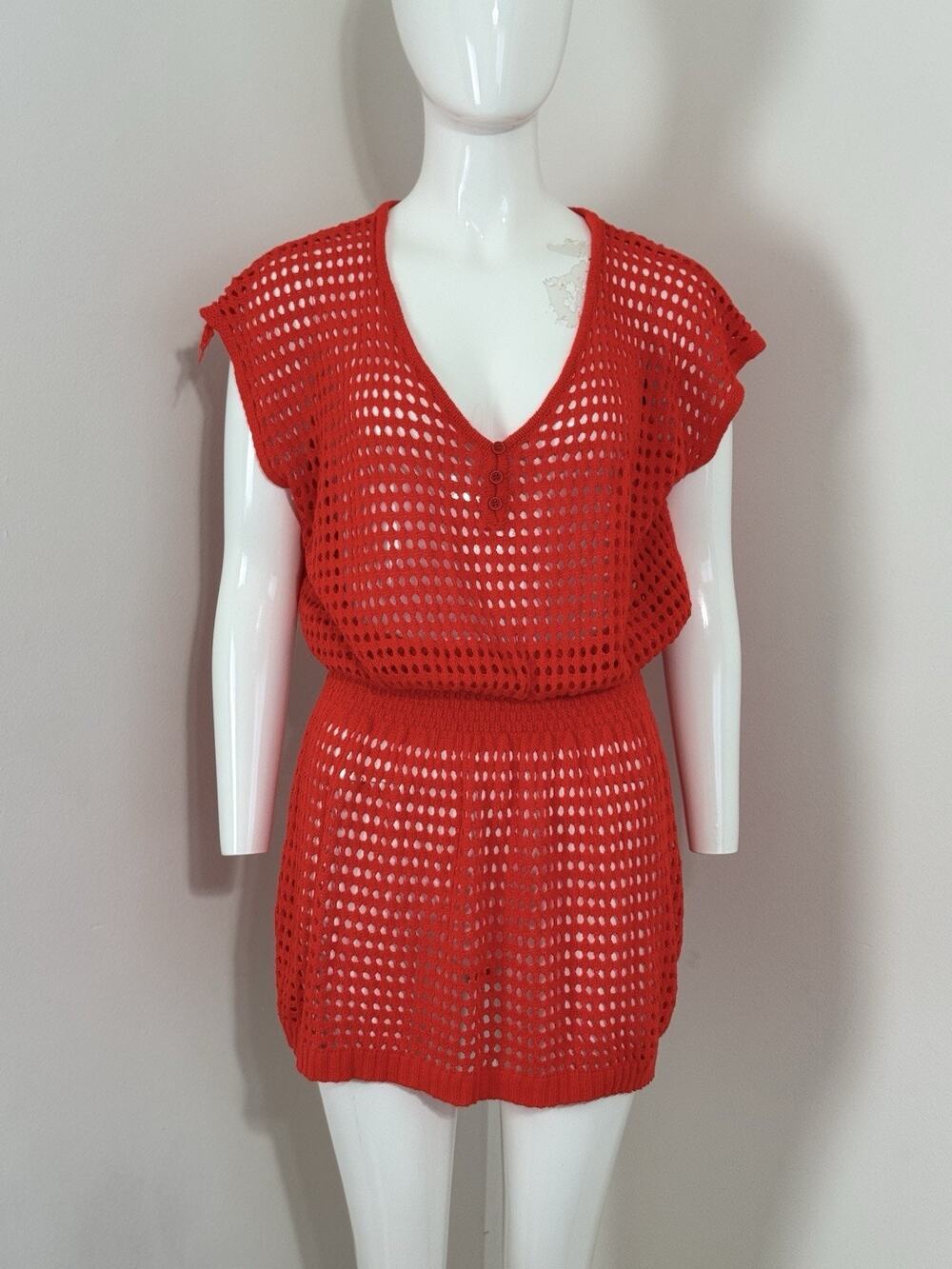 Women’s Crochet Swim Cover-Up Dress Red Sheer Knit Beach Resortwear One Size